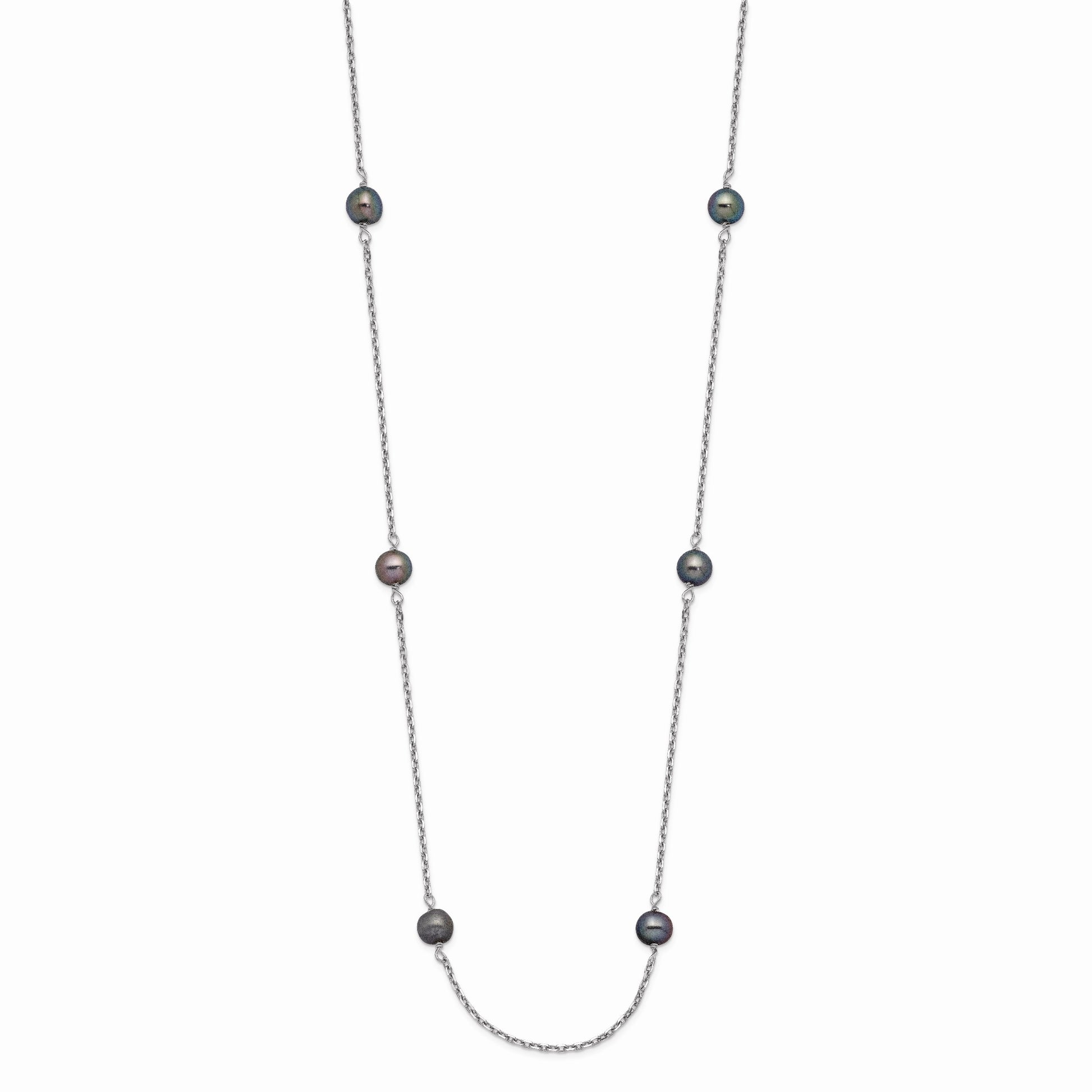 14k White Gold 4-5mm Black Near-Round Freshwater Cultured Pearl 8-Station 16 inch Necklace