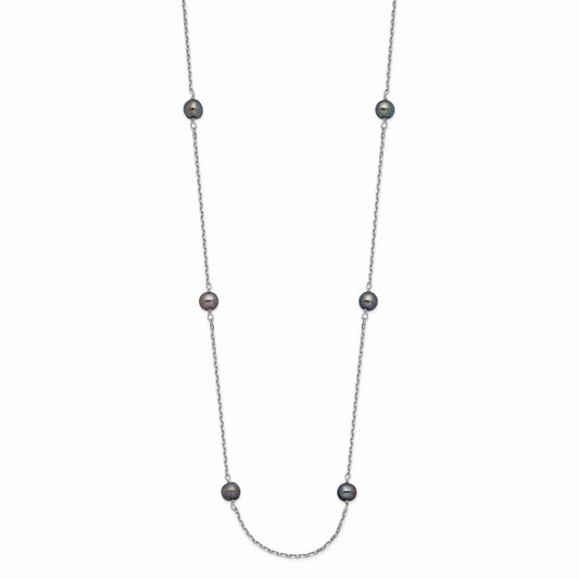 14k White Gold 4-5mm Black Near-Round Freshwater Cultured Pearl 8-Station 16 inch Necklace