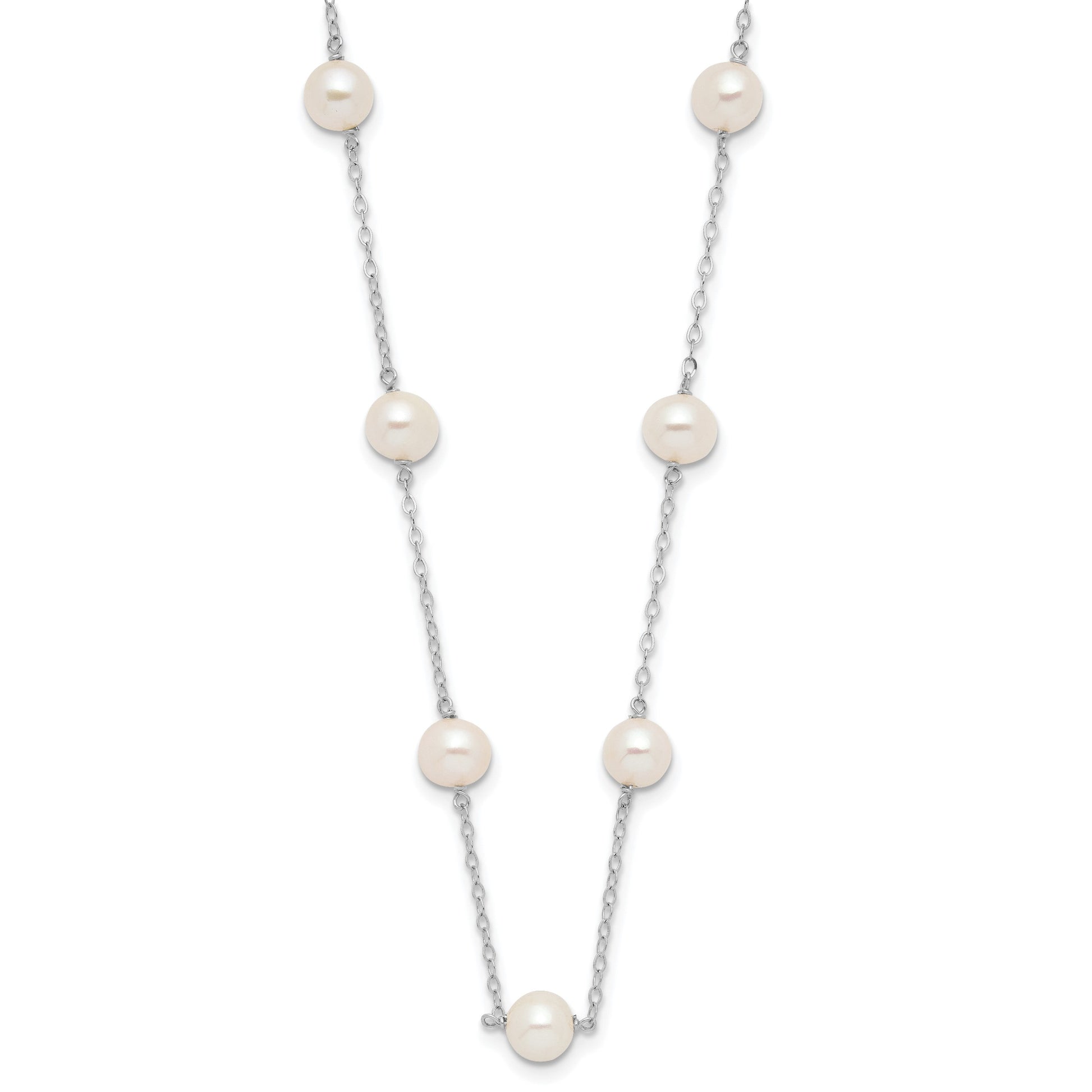 14K White Gold 5.5-6.5mm White Near Round Freshwater Cultured Pearl 12-station 16 inch Necklace