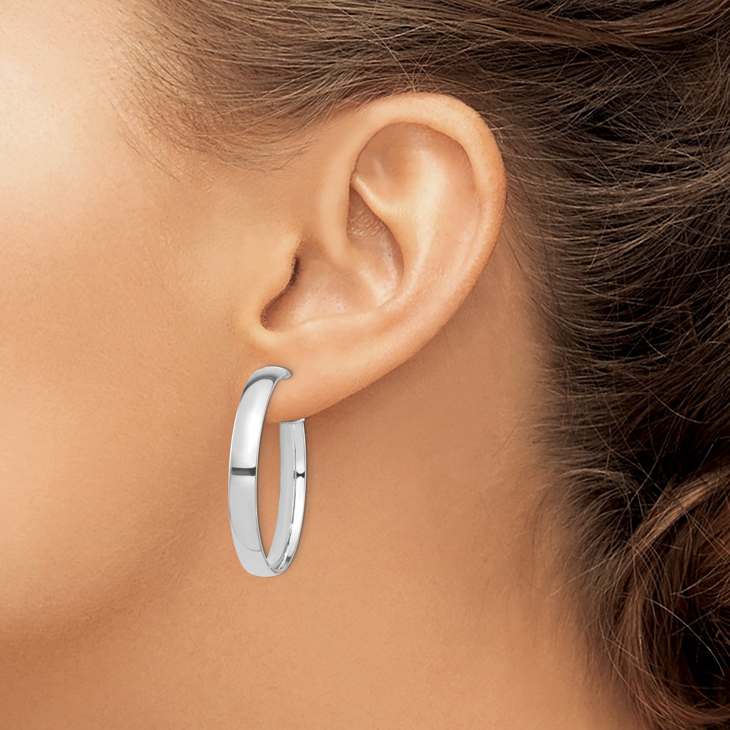14k White Gold 5x36mm High Polished Flat Tube Omega Back Hoop Earrings