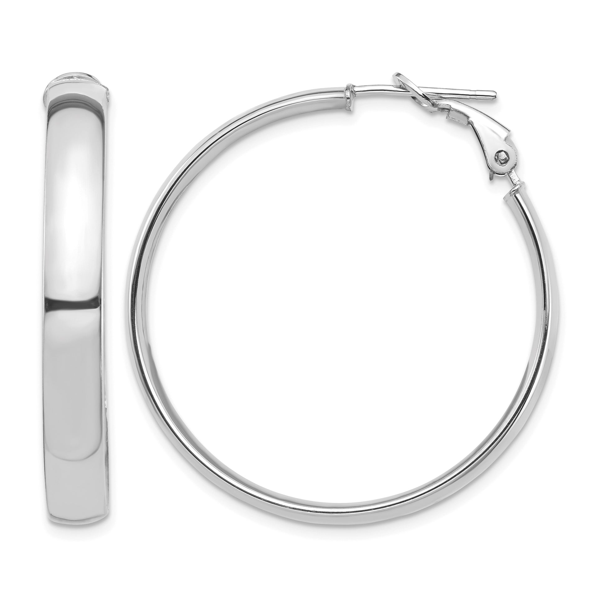 14k White Gold 5x36mm High Polished Flat Tube Omega Back Hoop Earrings