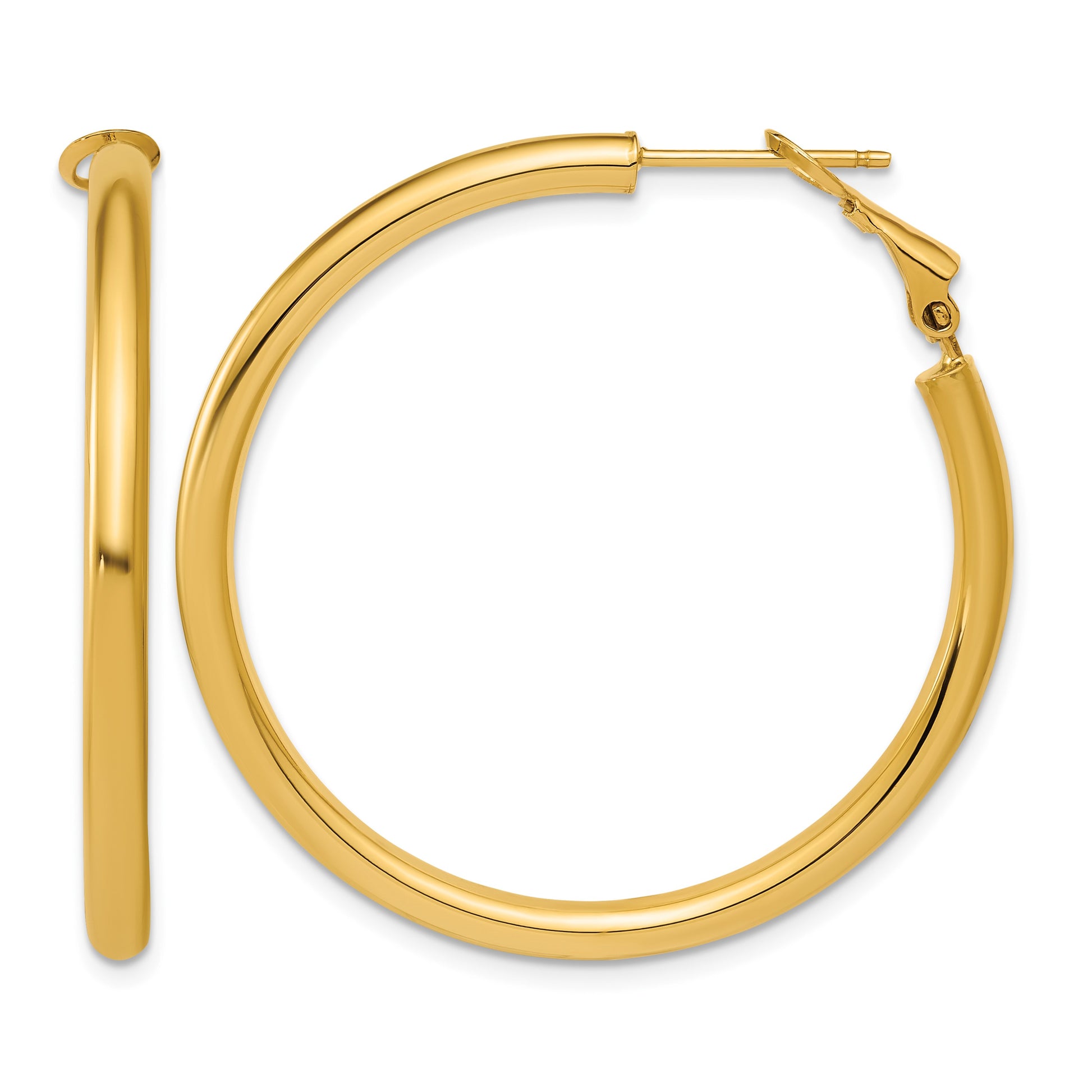 14k 3x40mm Polished Round Omega Back Tube Hoop Earrings