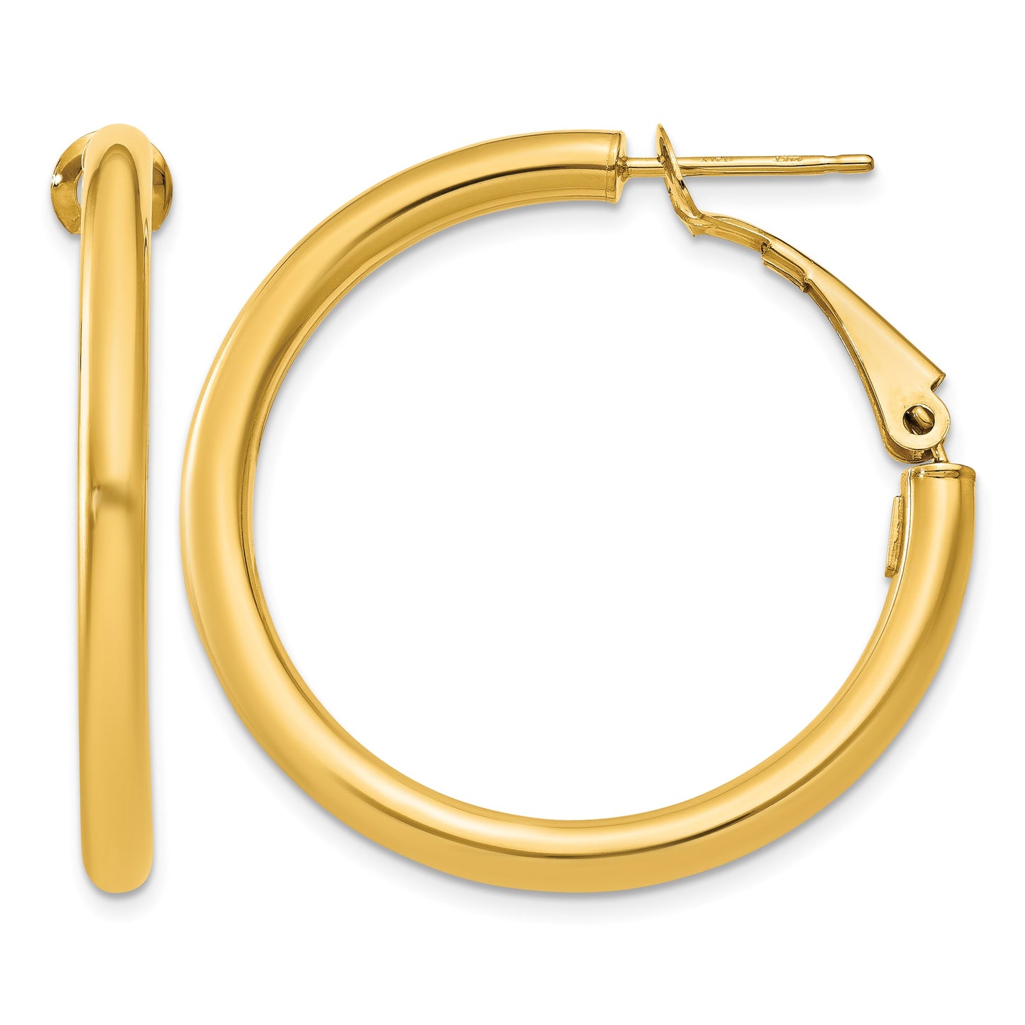 14k 3x32mm Polished Round Omega Back Tube Hoop Earrings