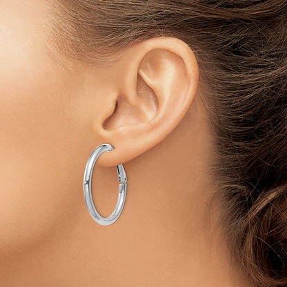 14k White Gold 3x32mm Polished Round Omega Back Tube Hoop Earrings