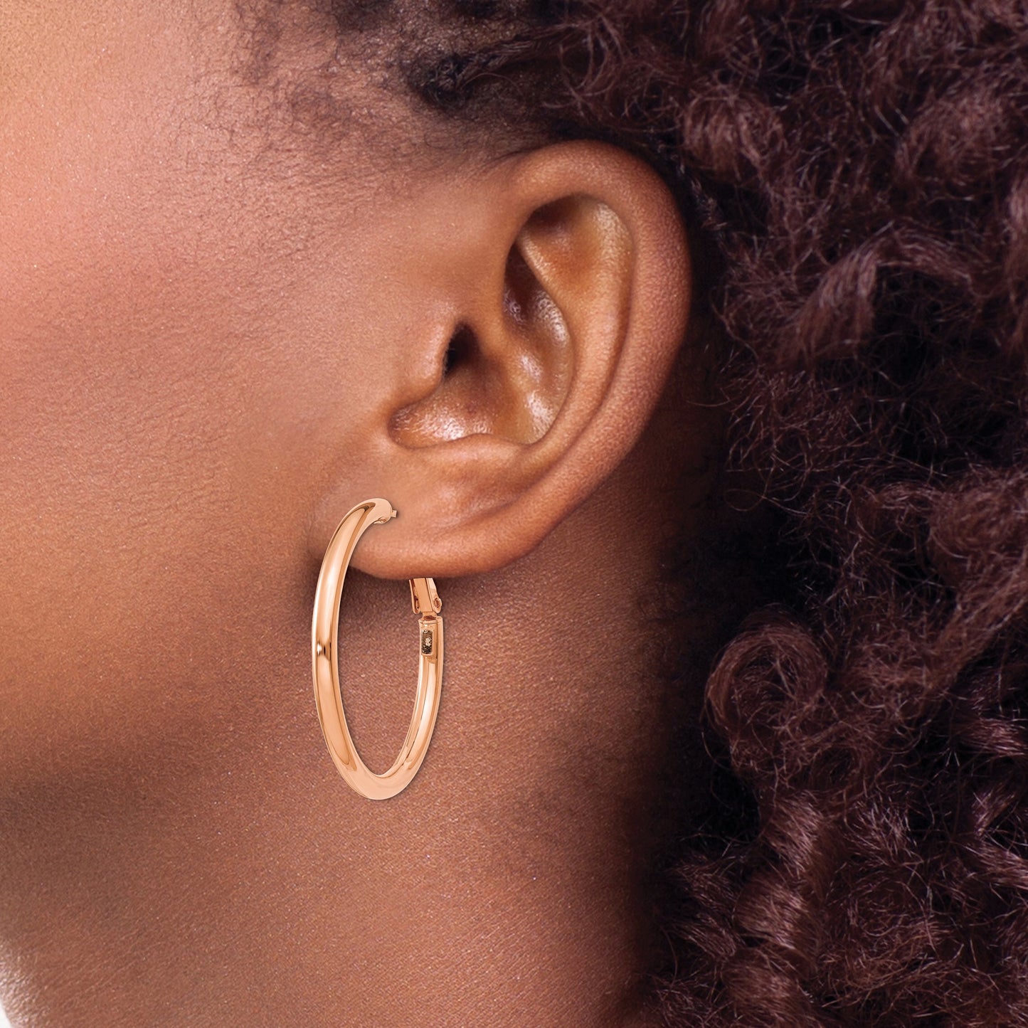 14k Rose Gold 3x36mm Polished Round Omega Back Tube Hoop Earrings