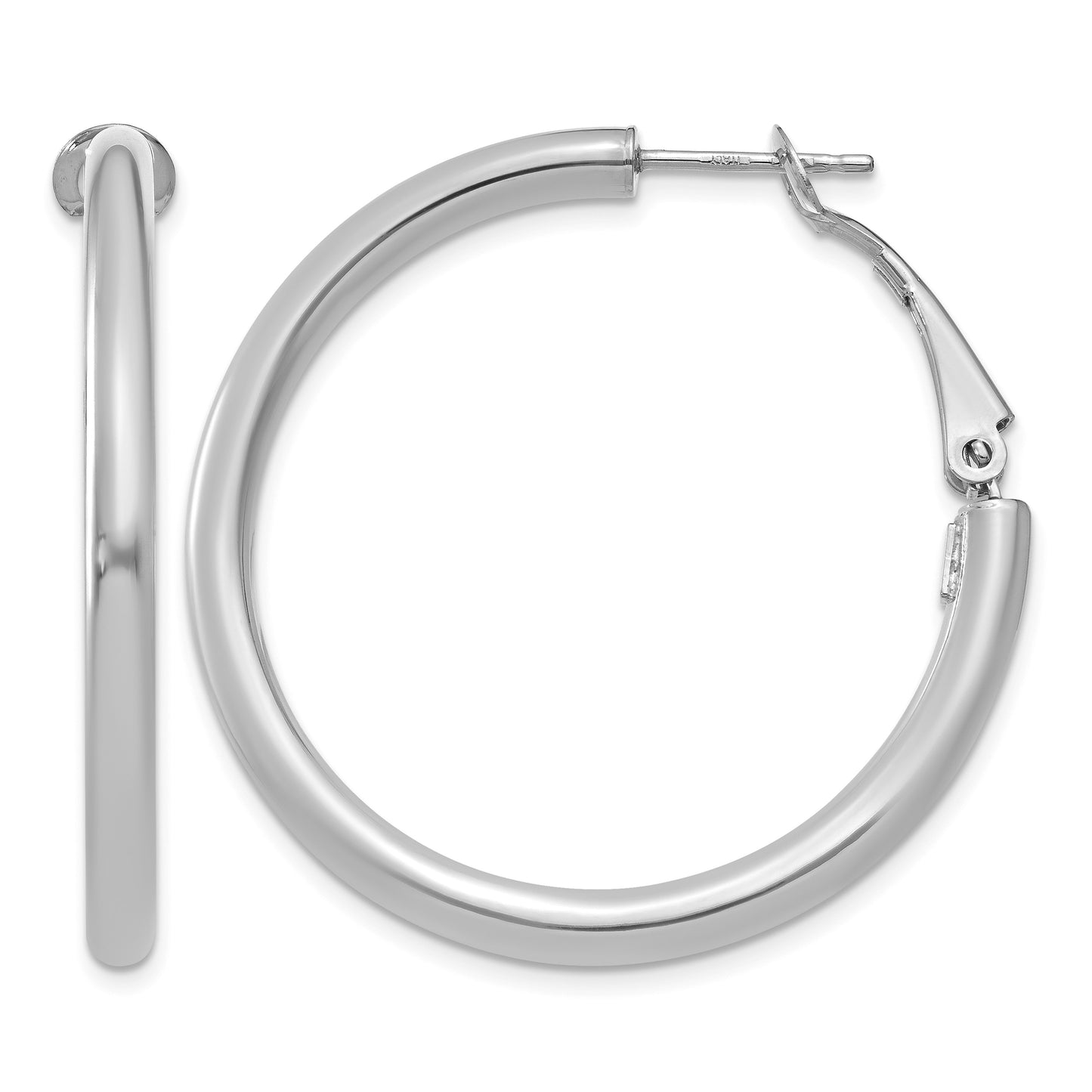 14k White Gold 3x36mm Polished Round Omega Back Tube Hoop Earrings