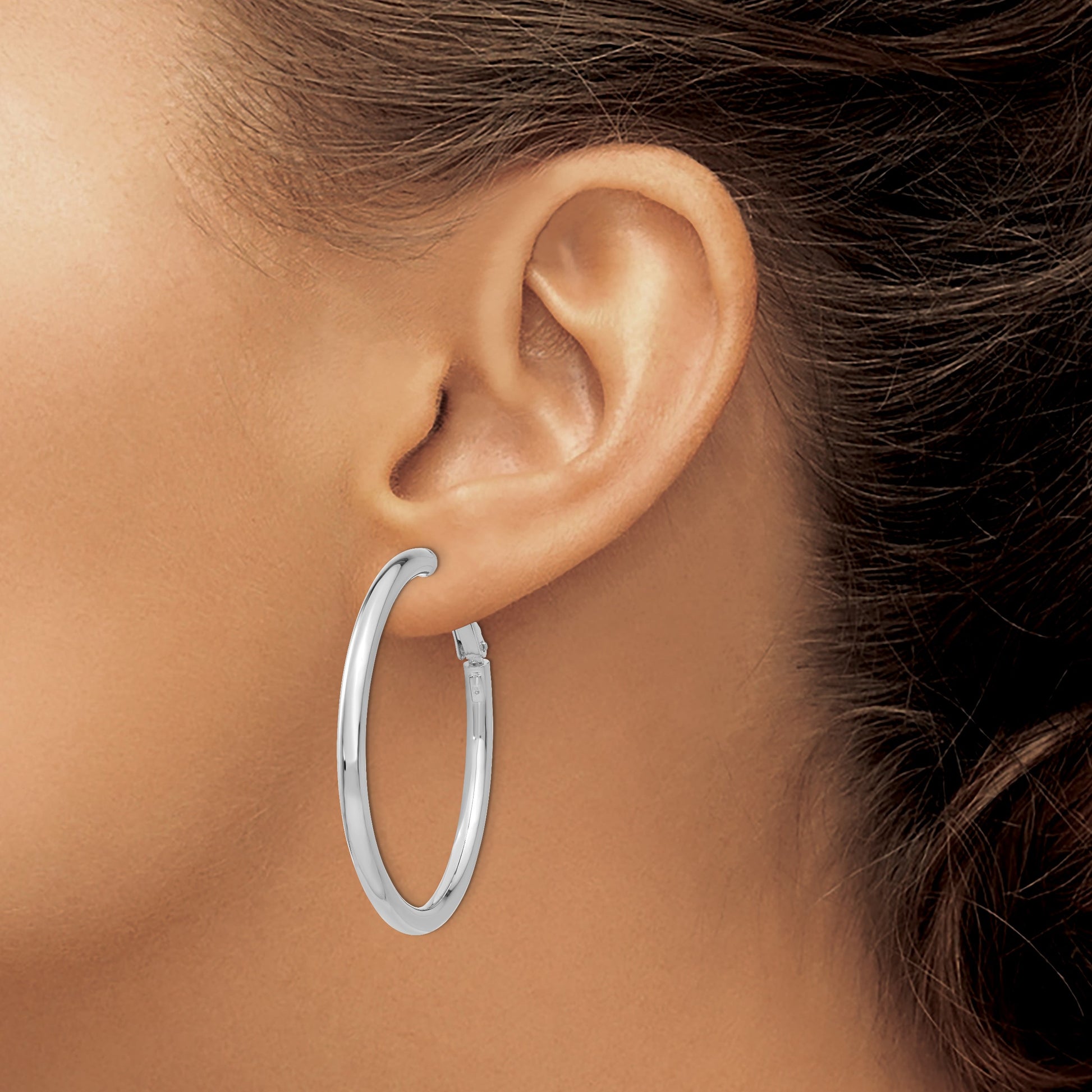 14k White Gold 3x41mm Polished Round Omega Back Tube Hoop Earrings