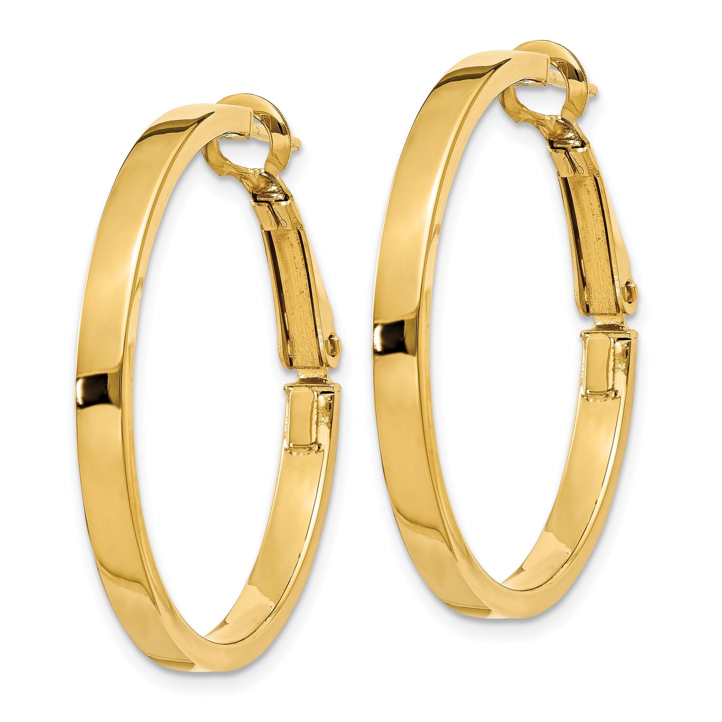 14k 3x30mm Polished Square Tube Omega Back Round Hoop Earrings
