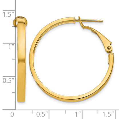 14k 3x30mm Polished Square Tube Omega Back Round Hoop Earrings