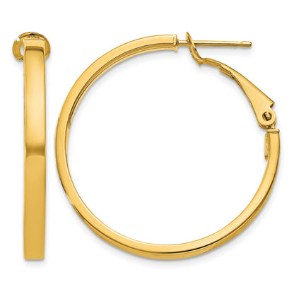 14k 3x30mm Polished Square Tube Omega Back Round Hoop Earrings