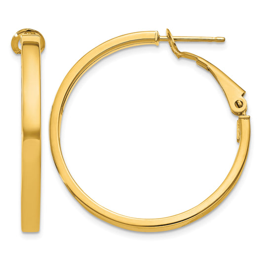 14k 3x30mm Polished Square Tube Omega Back Round Hoop Earrings