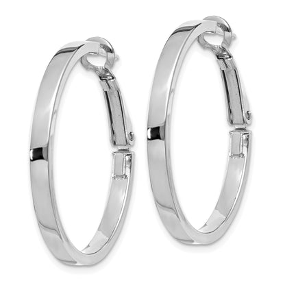 14k White Gold 3x30mm Polished Square Tube Omega Back Round Hoop Earrings