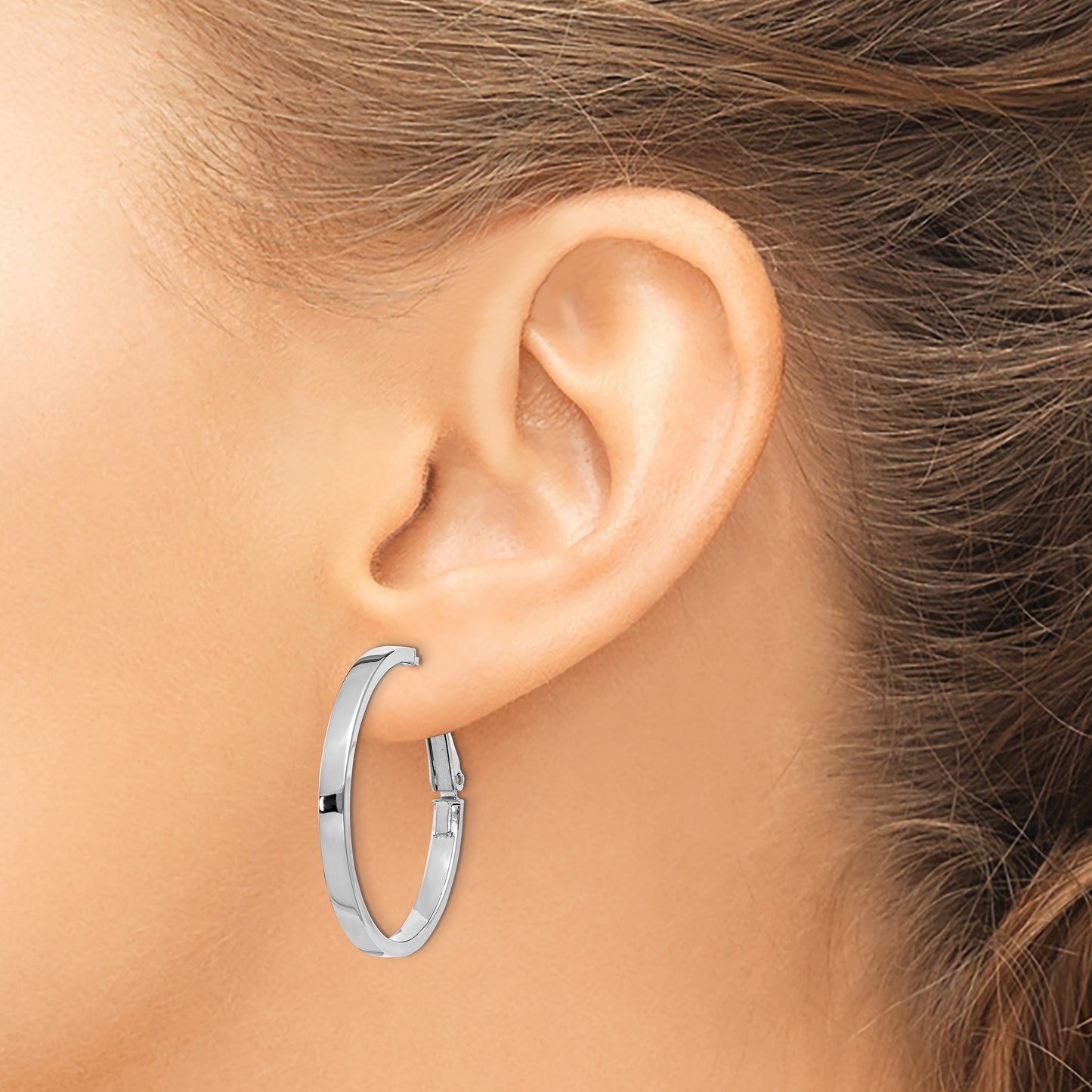 14k White Gold 3x30mm Polished Square Tube Omega Back Round Hoop Earrings