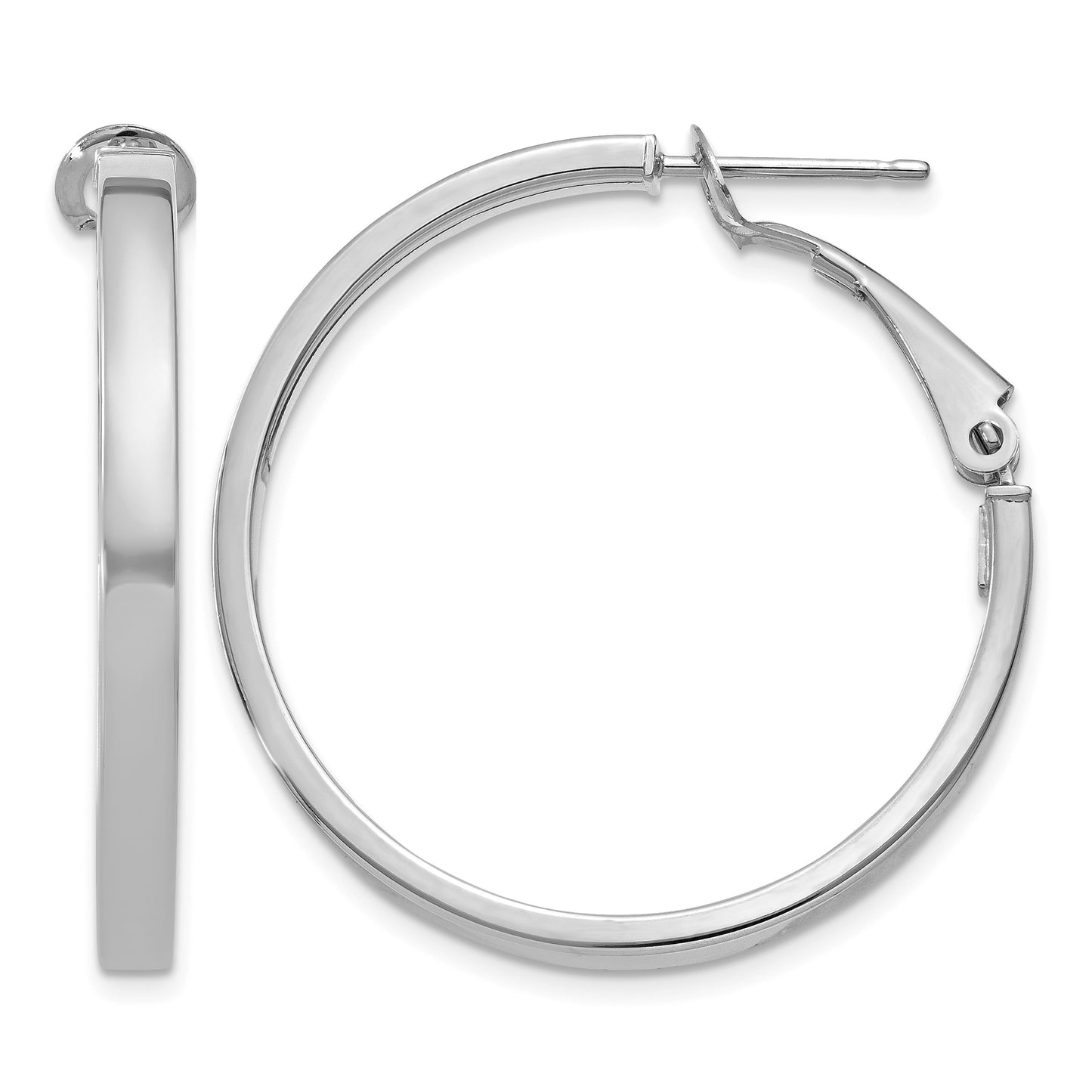14k White Gold 3x30mm Polished Square Tube Omega Back Round Hoop Earrings