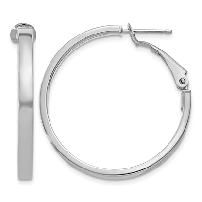 14k White Gold 3x30mm Polished Square Tube Omega Back Round Hoop Earrings