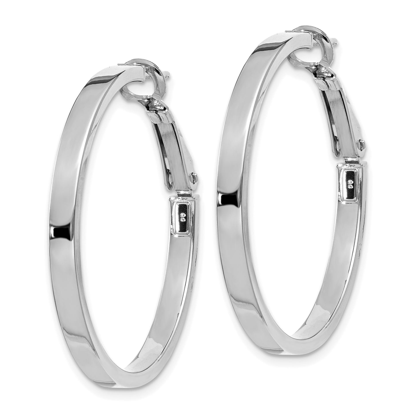 14k White Gold 3x35mm Polished Square Tube Omega Back Round Hoop Earrings