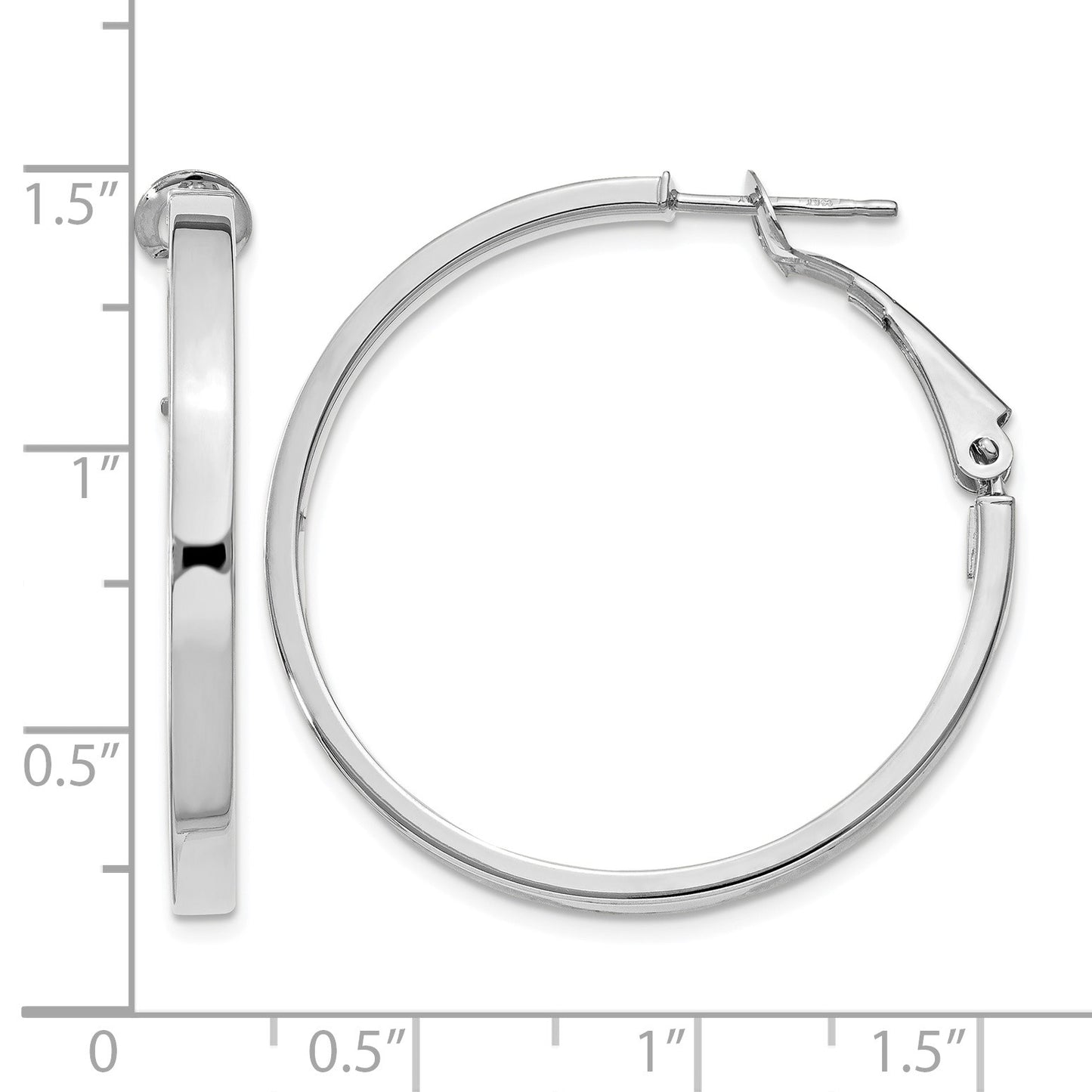 14k White Gold 3x35mm Polished Square Tube Omega Back Round Hoop Earrings
