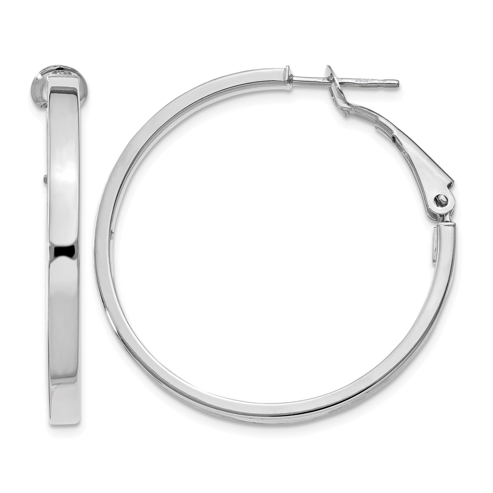 14k White Gold 3x35mm Polished Square Tube Omega Back Round Hoop Earrings