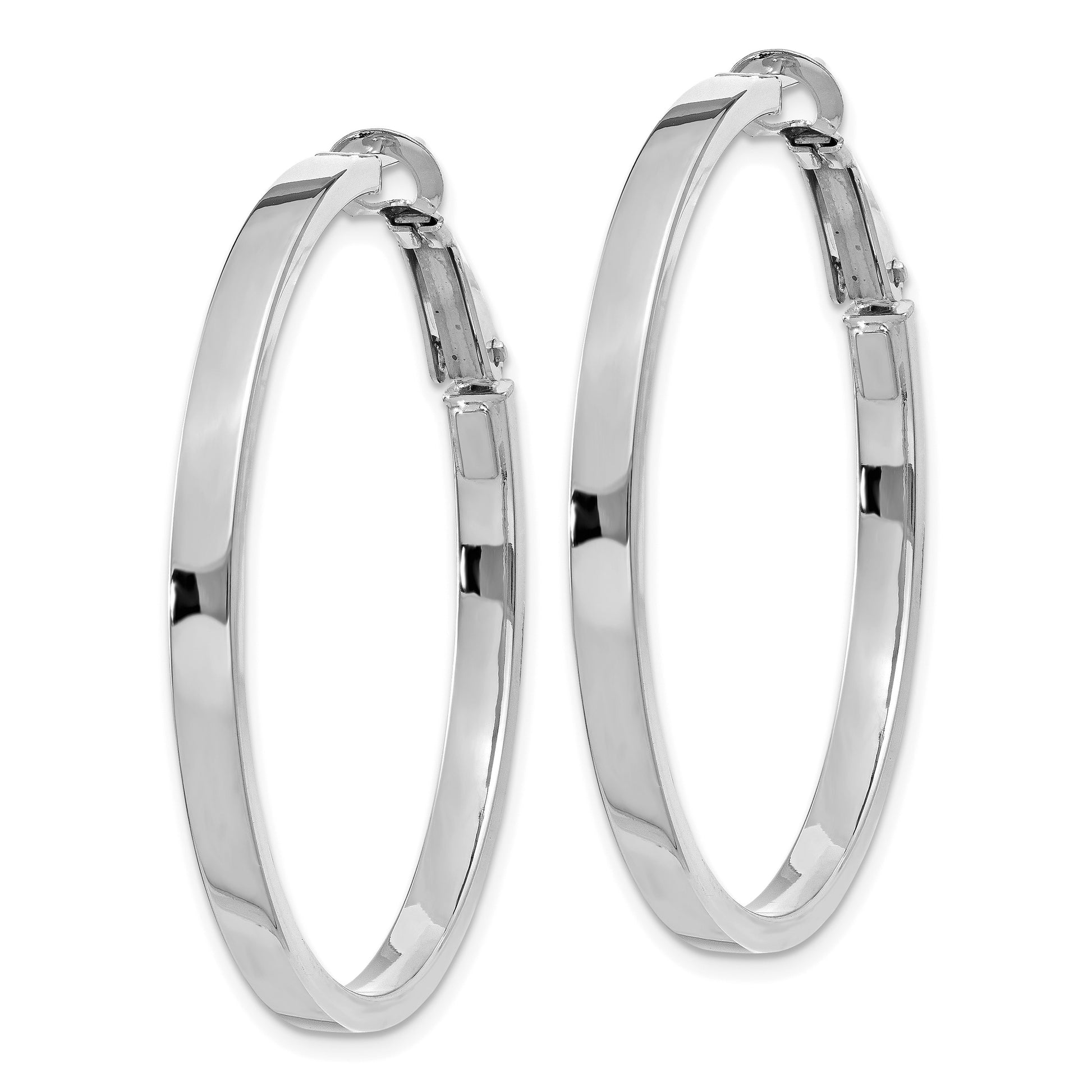 14k White Gold 3x40mm Polished Square Tube Omega Back Round Hoop Earrings
