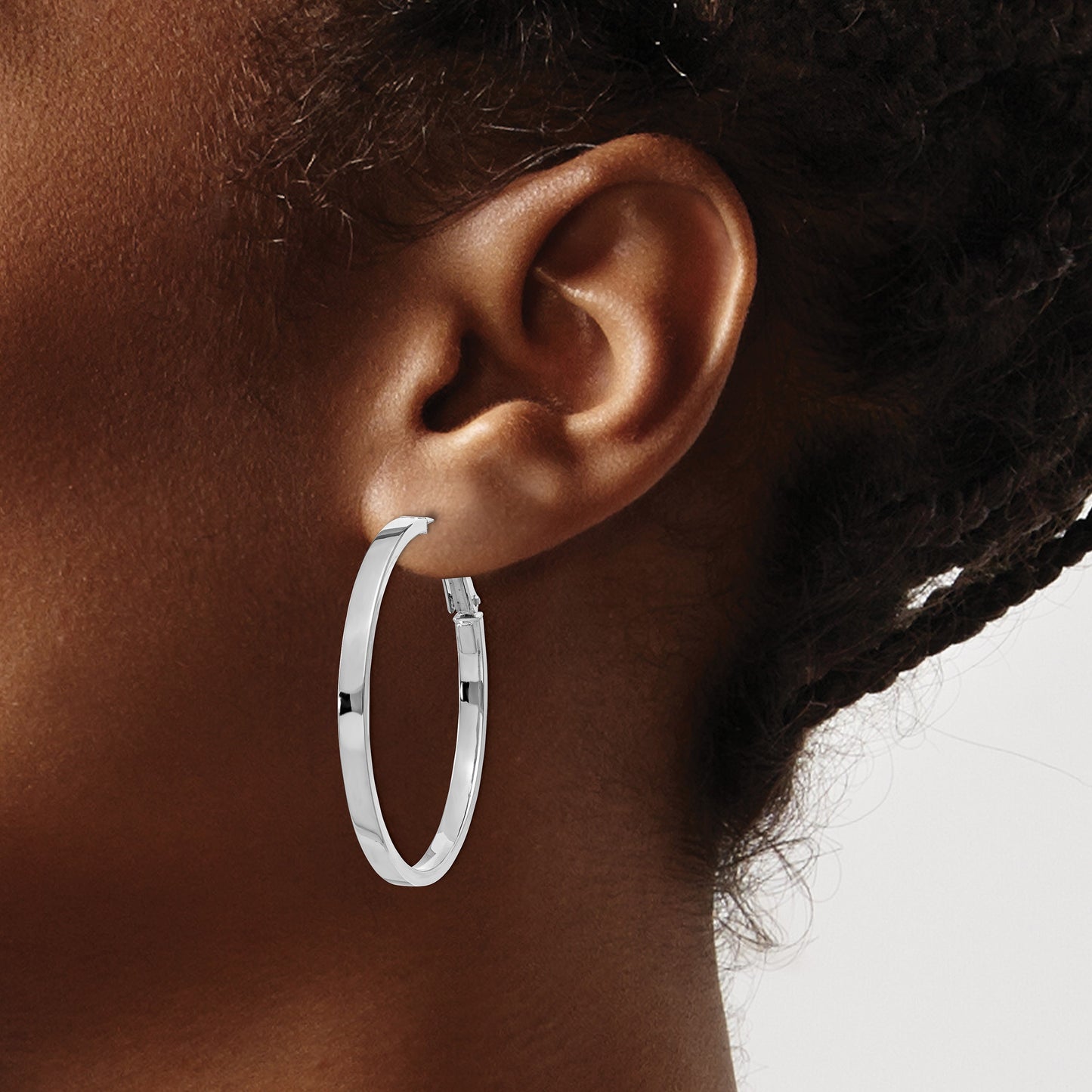 14k White Gold 3x40mm Polished Square Tube Omega Back Round Hoop Earrings