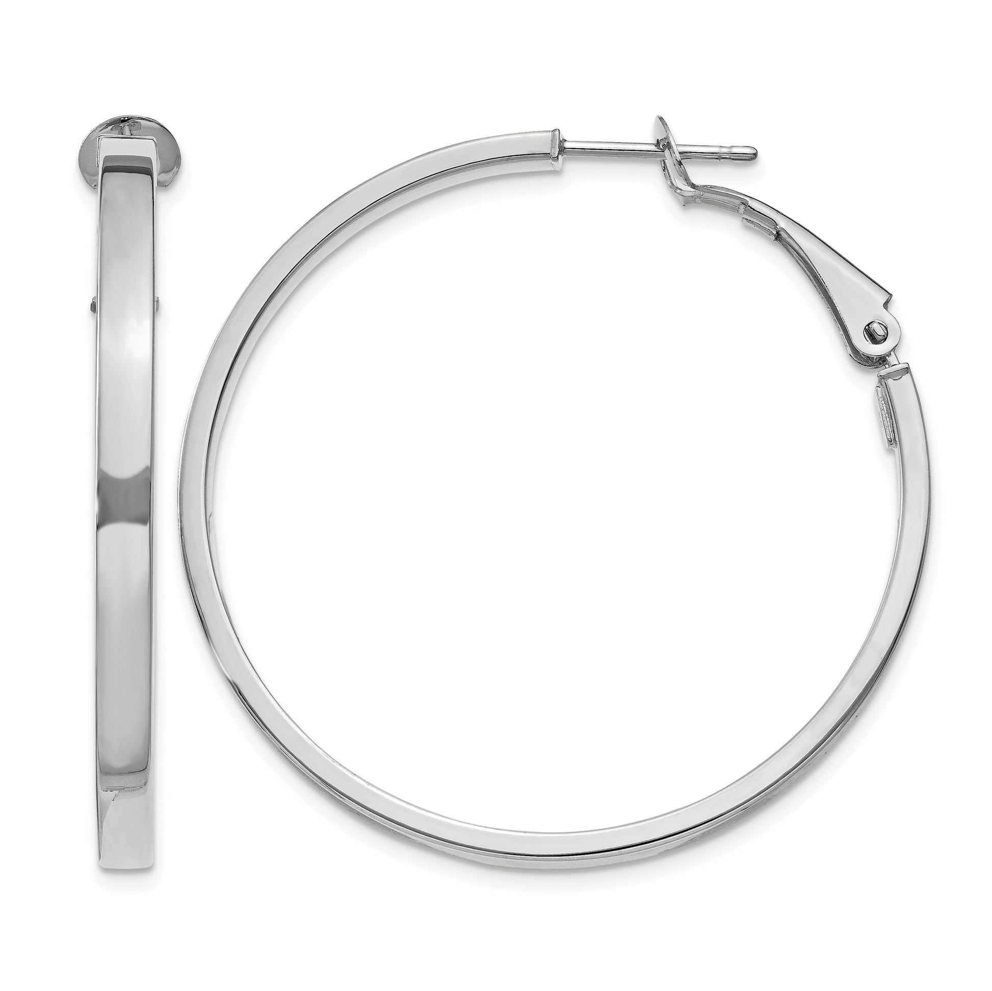 14k White Gold 3x40mm Polished Square Tube Omega Back Round Hoop Earrings