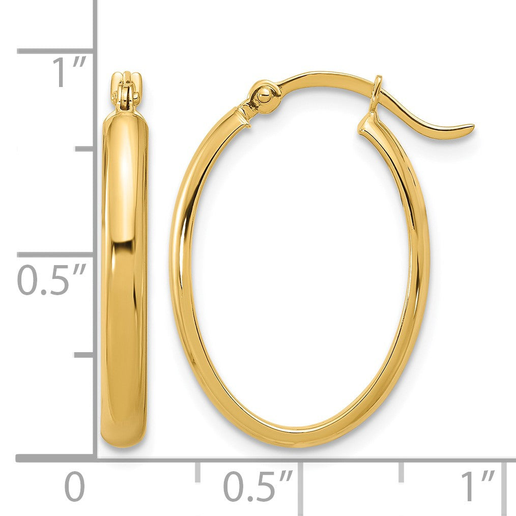 14K 3x23mm Oval Tube Hoop Earrings