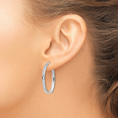 14K White Gold 3x30mm Oval Tube Hoop Earrings