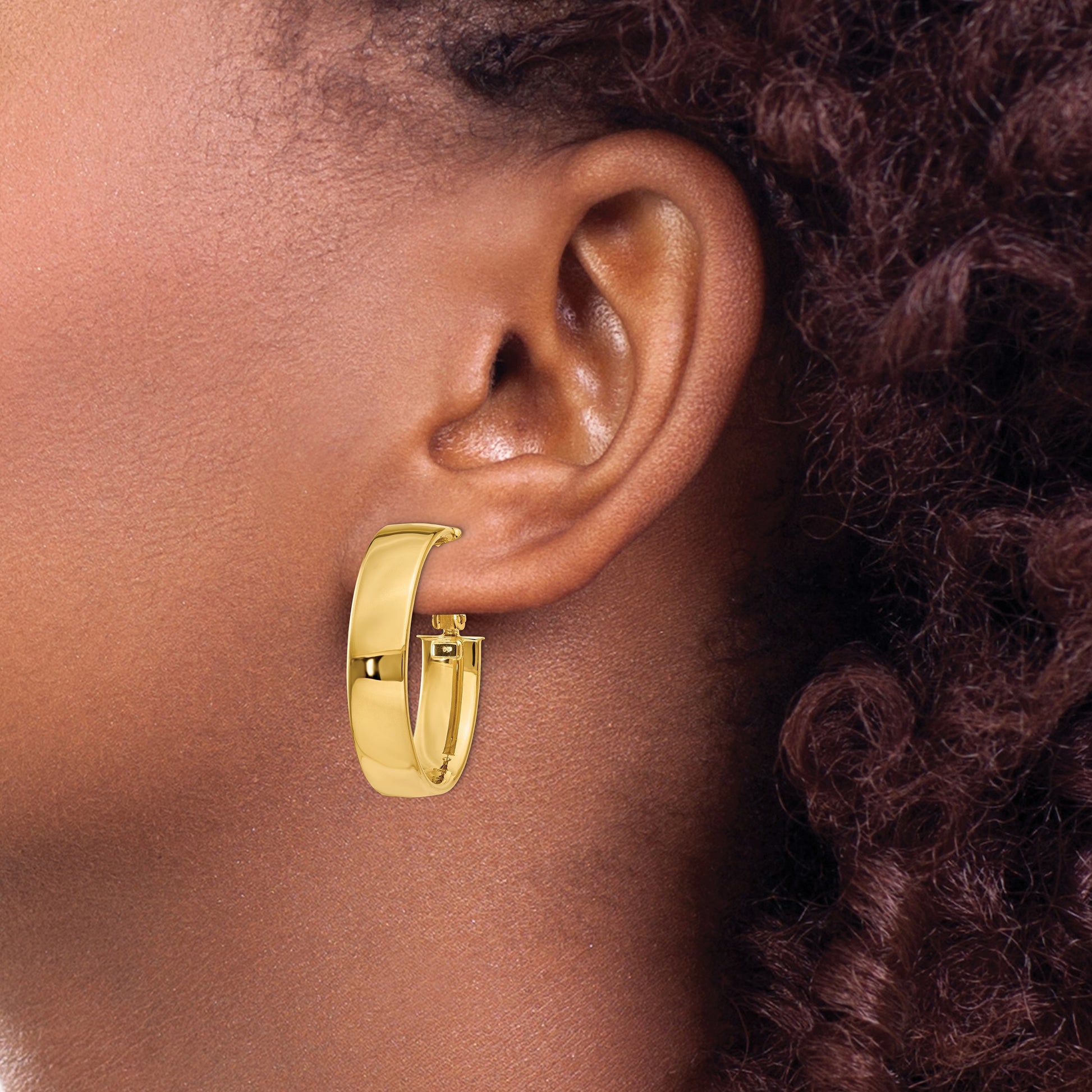 14k 7x28mm Polished Oval Omega Back Tube Hoop Earrings