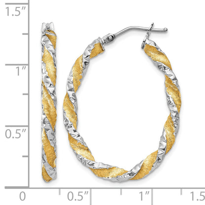 14k White Gold & Yellow Rhodium Twisted D/C Oval Hoop Earrings