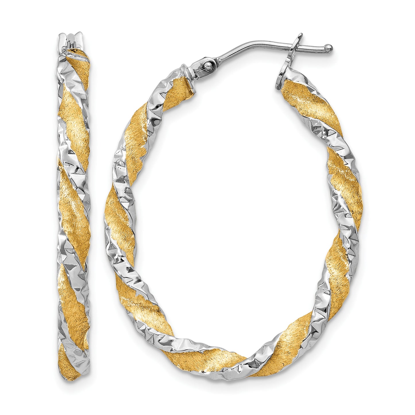 14k White Gold & Yellow Rhodium Twisted D/C Oval Hoop Earrings
