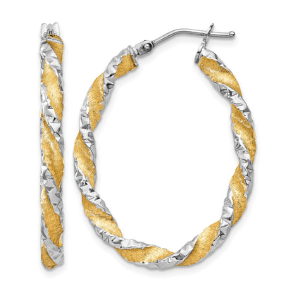 14k White Gold & Yellow Rhodium Twisted D/C Oval Hoop Earrings