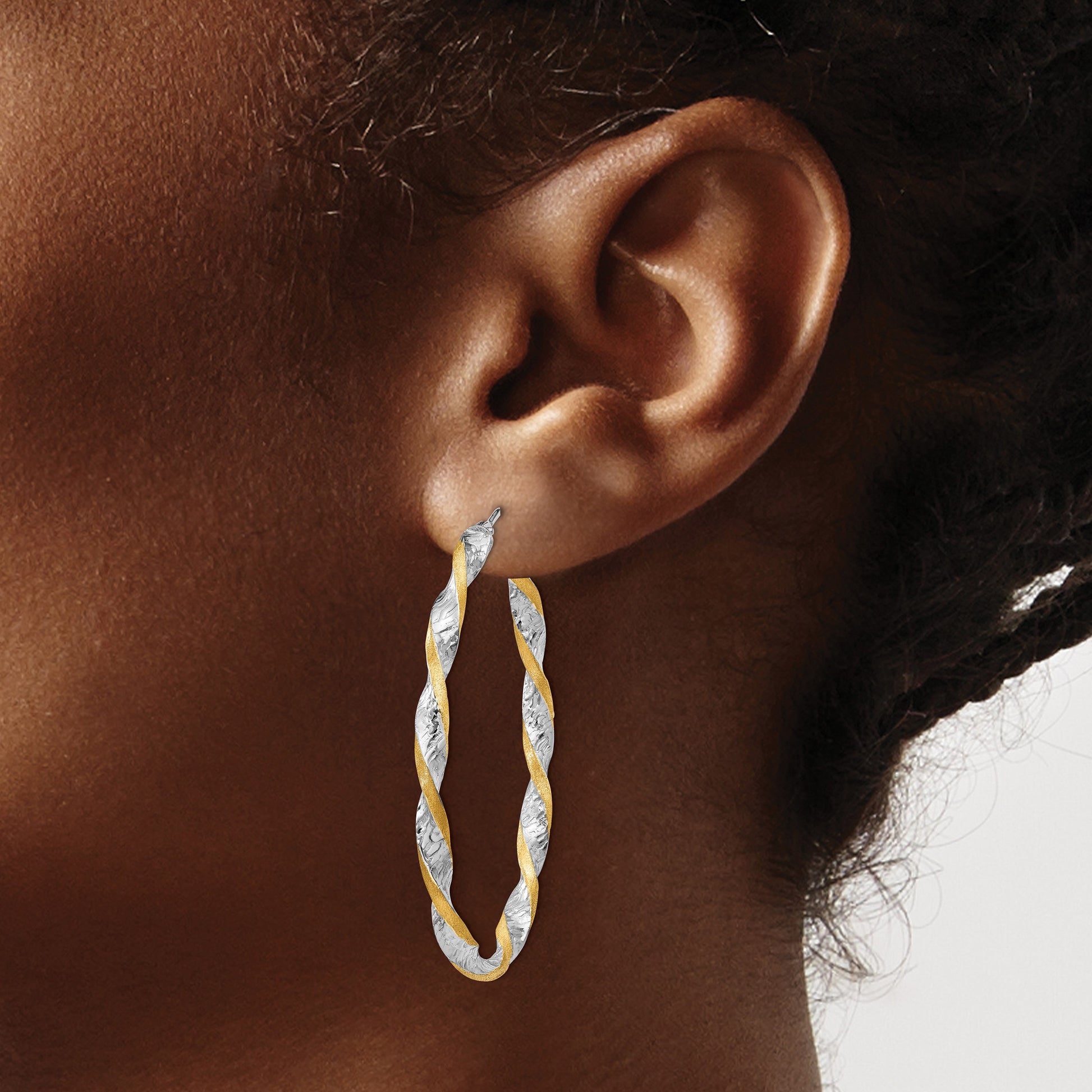 14k White Gold & Yellow Rhodium Twisted D/C Oval Hoop Earrings