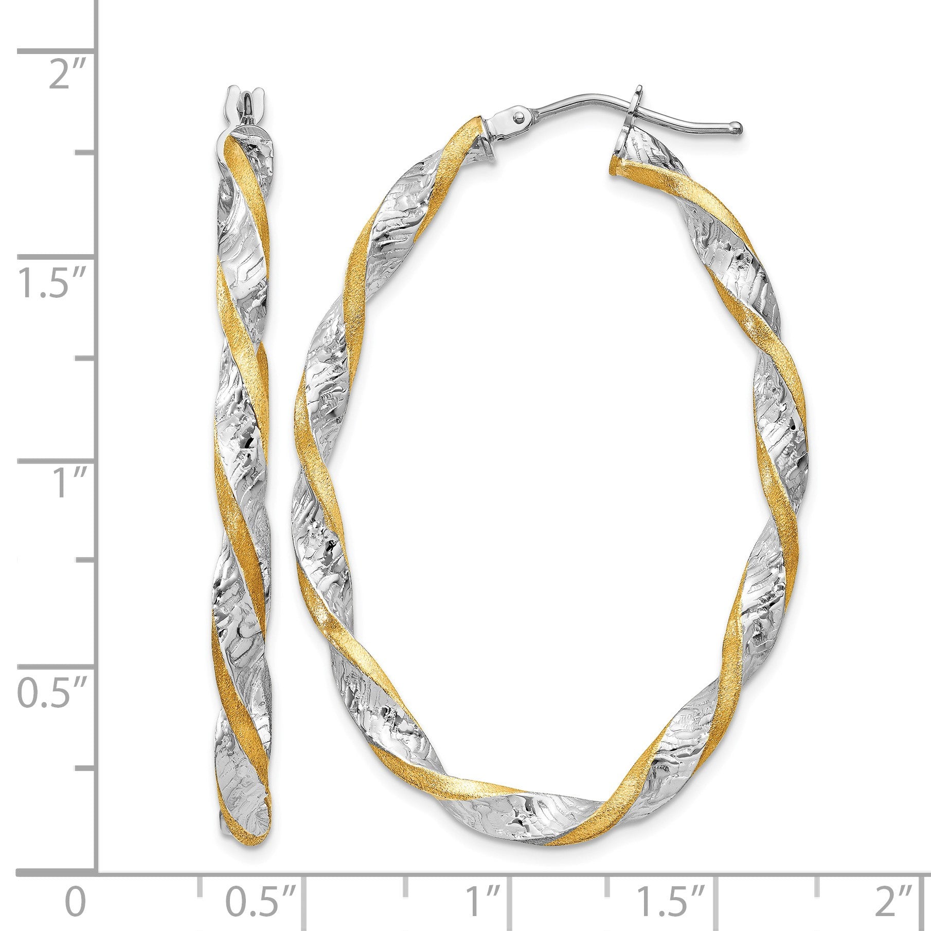 14k White Gold & Yellow Rhodium Twisted D/C Oval Hoop Earrings