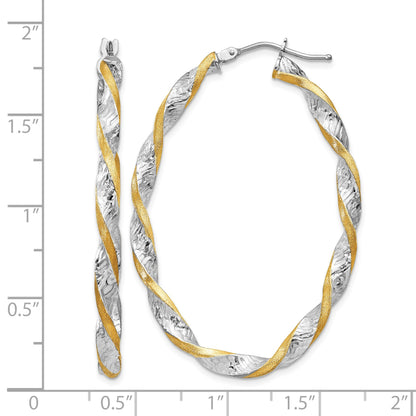 14k White Gold & Yellow Rhodium Twisted D/C Oval Hoop Earrings