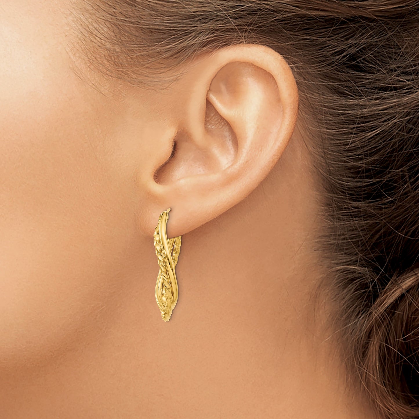 14k Textured and Polished Twist Oval Hoop Earrings