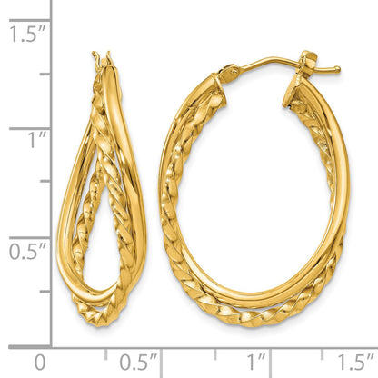 14k Textured and Polished Twist Oval Hoop Earrings