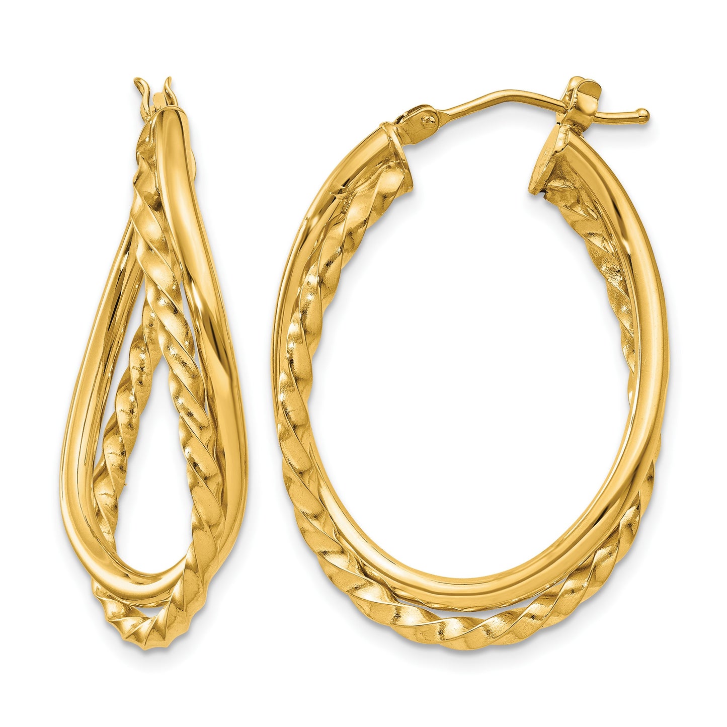 14k Textured and Polished Twist Oval Hoop Earrings