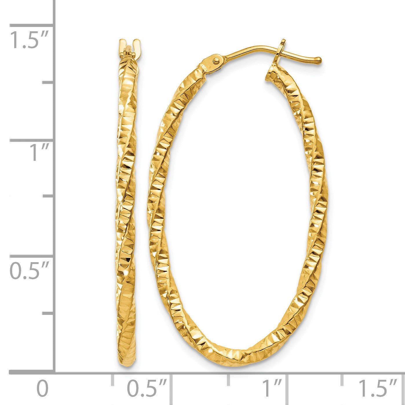 14ky 2mm Diamond-cut Oval Hoop Earrings