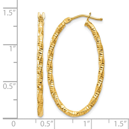 14ky 2mm Diamond-cut Oval Hoop Earrings