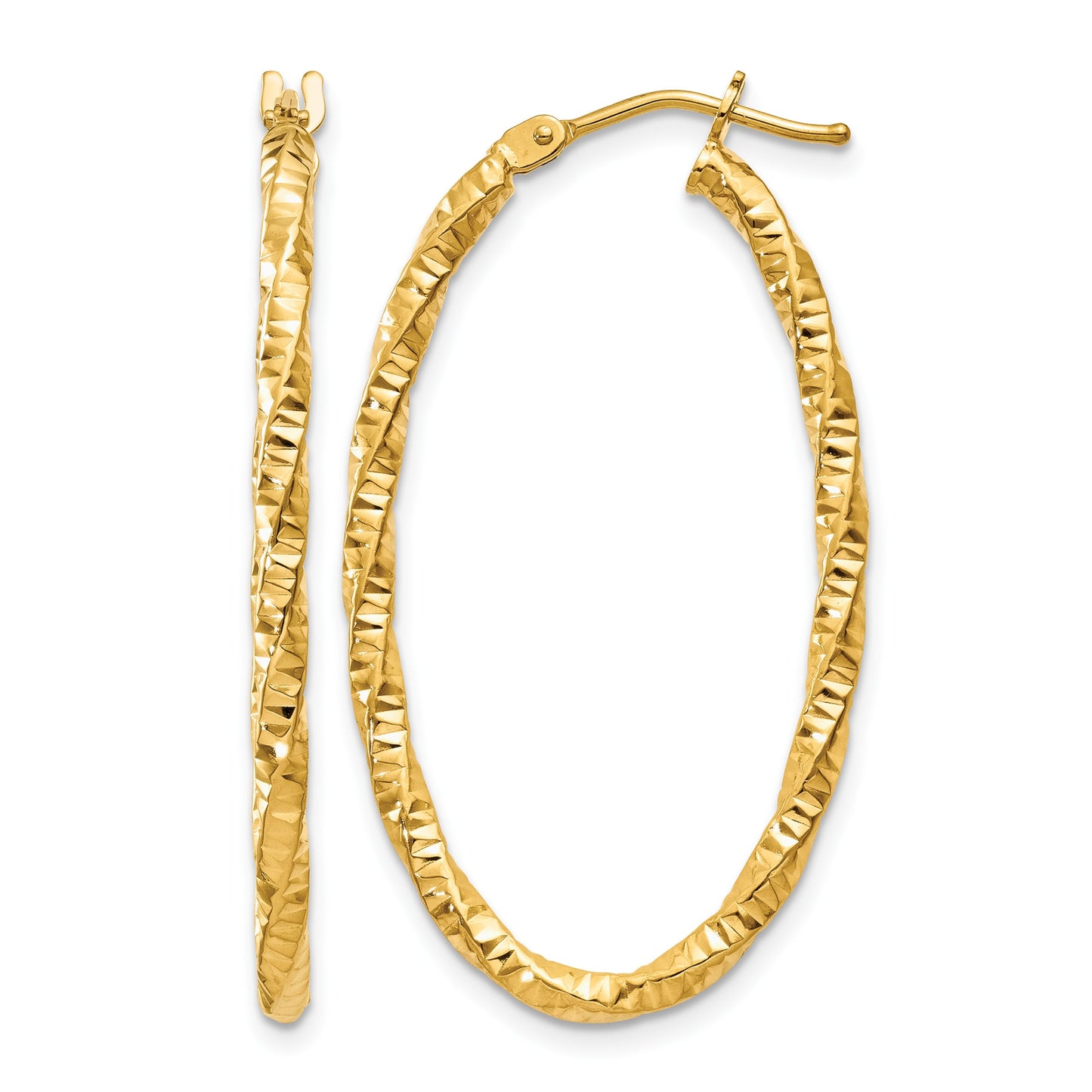 14ky 2mm Diamond-cut Oval Hoop Earrings