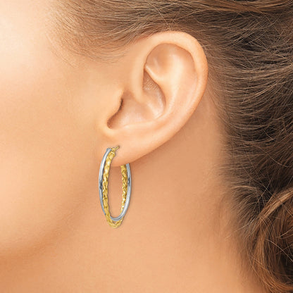 14k Two-Tone Textured and Polished Twist Oval Hoop Earrings