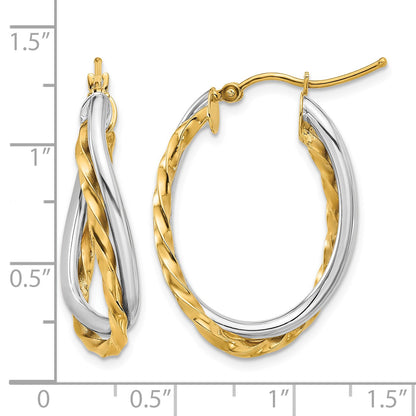 14k Two-Tone Textured and Polished Twist Oval Hoop Earrings