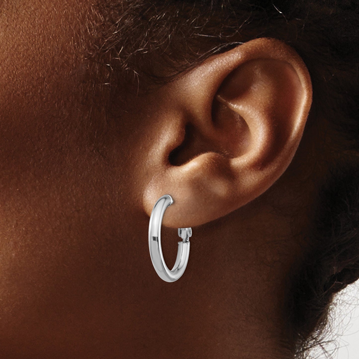 14k White Gold 3x22mm Polished Round Omega Back Tube Hoop Earrings