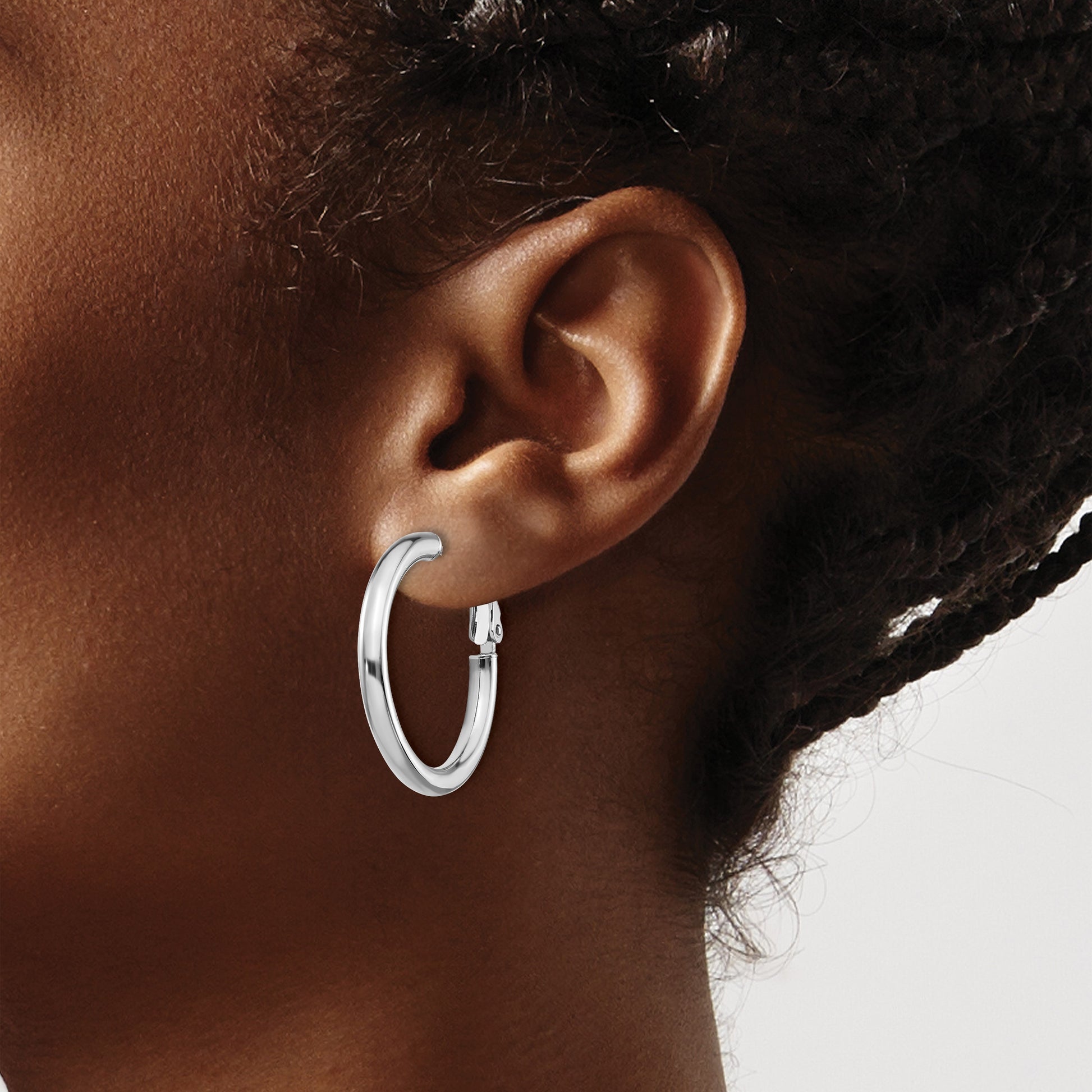 14k White Gold 3x25mm Polished Round Omega Back Tube Hoop Earrings