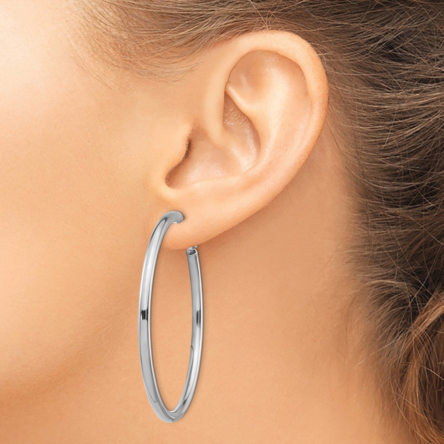 14k White Gold 3x52mm Polished Round Omega Back Tube Hoop Earrings