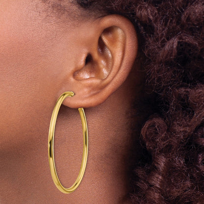 14k 3x57mm Polished Round Omega Back Tube Hoop Earrings