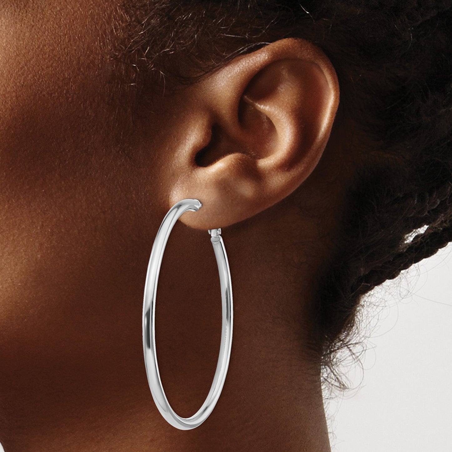 14k White Gold 3x57mm Polished Round Omega Back Tube Hoop Earrings