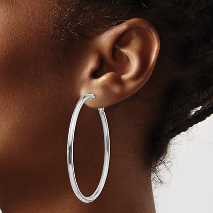 14k White Gold 3x57mm Polished Round Omega Back Tube Hoop Earrings
