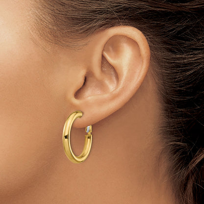 14k 4x28mm Polished Round Omega Back Tube Hoop Earrings