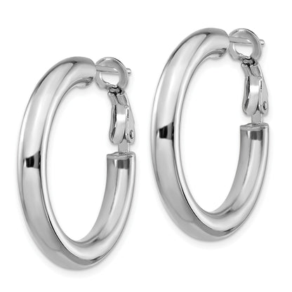 14k White Gold 4x28mm Polished Round Omega Back Tube Hoop Earrings